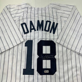 Autographed/Signed Johnny Damon New York Pinstripe Baseball Jersey Beckett COA