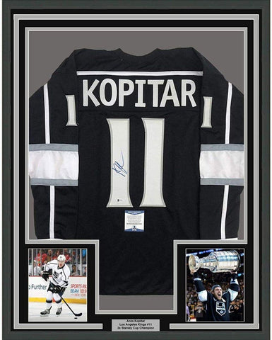 Framed Autographed/Signed Anze Kopitar 35x39 Los Angeles LA Black Jersey JSA COA