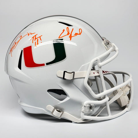 RAY LEWIS, ED REED SIGNED MIAMI HURRICANES FS WHITE REPLICA HELMET THE U BECKETT