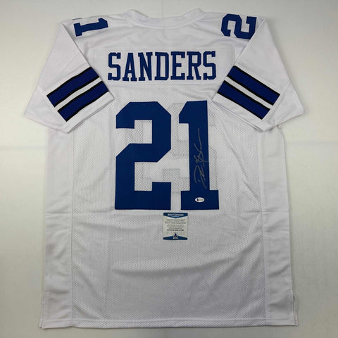 Autographed/Signed Deion Sanders Dallas White Football Jersey Beckett BAS COA