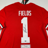 Autographed/Signed Justin Fields Ohio State Buckeyes Red Jersey Fanatics COA