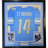 Framed Autographed/Signed Amon-Ra St. Brown 33x42 Detroit Blue Jersey BAS COA