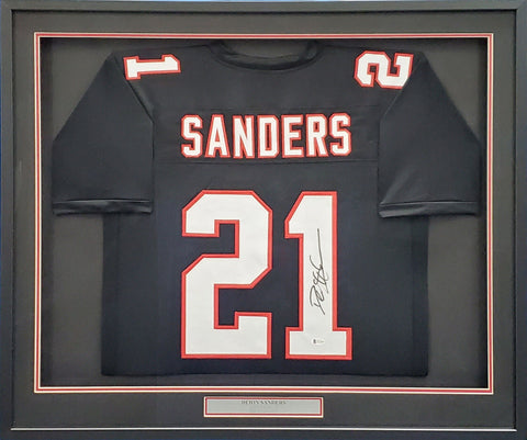 FALCONS DEION SANDERS AUTOGRAPHED BLACK CUSTOM FRAMED JERSEY BECKETT 185769