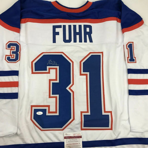 Autographed/Signed GRANT FUHR Edmonton White Hockey Jersey JSA COA Auto