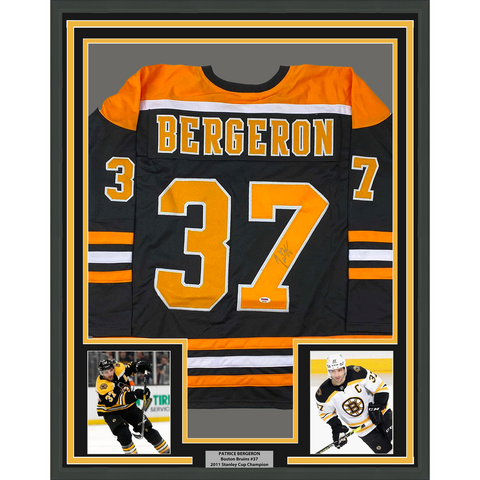 Framed Autographed/Signed Patrice Bergeron 33x42 Boston Black Jersey PSA/DNA COA