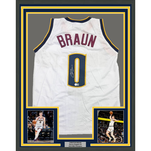 Framed Autographed/Signed Christian Braun 35x39 Denver White Jersey Beckett COA