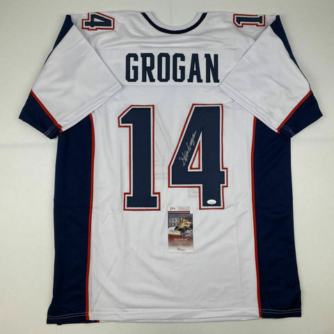 Autographed/Signed STEVE GROGAN New England White Modern Football Jersey JSA COA