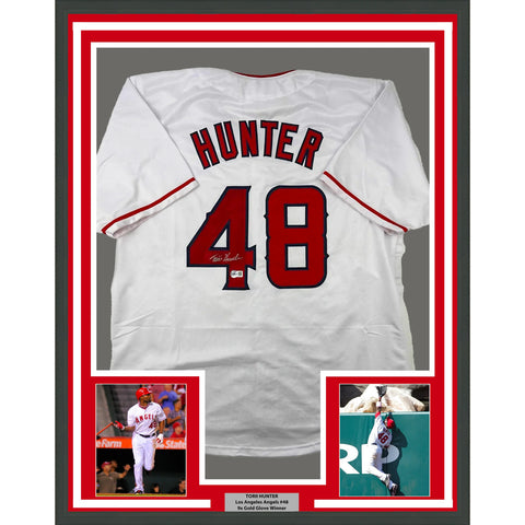 Framed Autographed/Signed Torii Hunter 33x42 Los Angeles White Jersey BAS COA