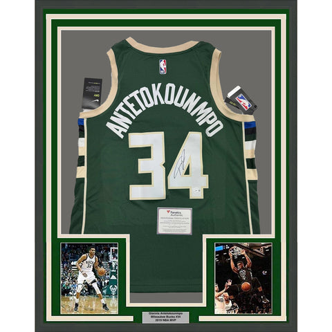 Framed Autographed/Signed Giannis Antetokounmpo 35x39 Green Jersey Fanatics COA