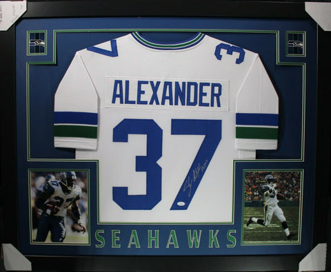 SHAUN ALEXANDER (Seahawks white SKYLINE) Signed Autographed Framed Jersey JSA