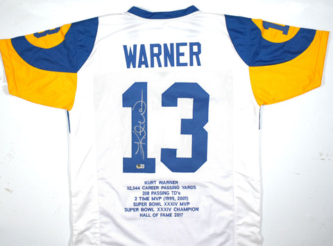 Kurt Warner Autographed White Pro Style STAT Jersey-Beckett W Hologram *Silver