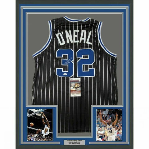 FRAMED Autographed/Signed SHAQUILLE O'NEAL 33x42 Orlando Black Jersey JSA COA