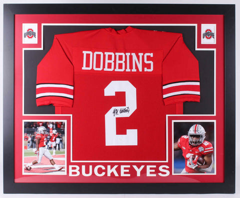 J. K. Dobbins Signed Ohio State Buckeyes 35x43 Custom Framed Jersey (JSA COA)