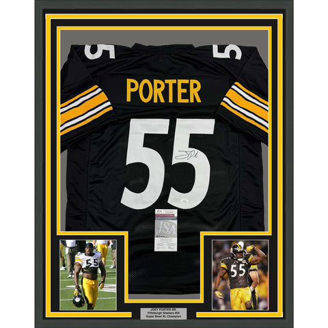 Framed Autographed/Signed Joey Porter Sr. 35x39 Pittsburgh Black Jersey JSA COA