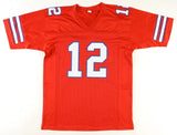 Jim Kelly Signed Buffalo Bills Red Jersey (Beckett) 5xPro Bowl Hall of Fame Q.B.