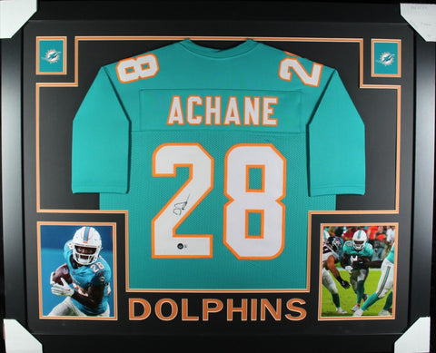 DE'VON ACHANE (Dolphins teal SKYLINE) Signed Autographed Framed Jersey Beckett