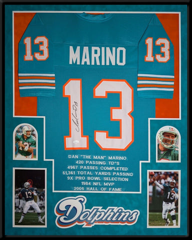 FRAMED MIAMI DOLPHINS DAN MARINO AUTOGRAPHED SIGNED STAT JERSEY JSA COA