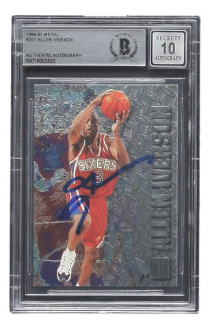 Allen Iverson Signed 1996 Metal #201 Philadelphia 76ers Rookie Card BAS Auto 10