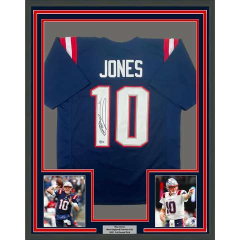 FRAMED Autographed/Signed MAC JONES 33x42 Blue Football Jersey BAS COA