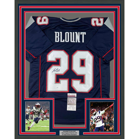 Framed Autographed/Signed LeGarrette Blount 35x39 Blue Football Jersey JSA COA