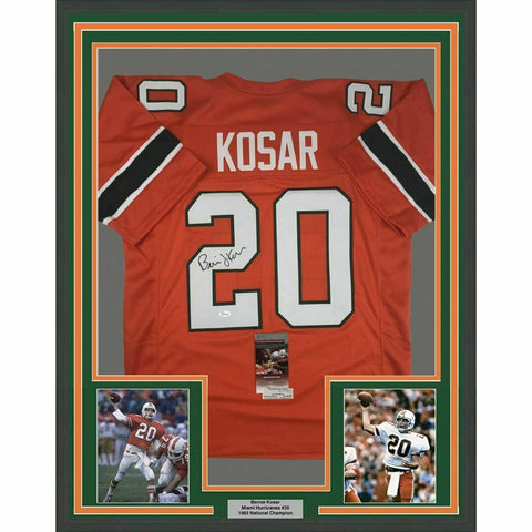 FRAMED Autographed/Signed BERNIE KOSAR 33x42 Miami Orange College Jersey JSA COA