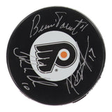 Bernie Parent, John Leclair & Rod Brind'Amour Signed Flyers Logo Puck (JSA COA)