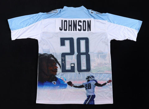 Chris Johnson Signed Tennessee Titans Photo Jersey (JSA COA) 3xPro Bowl R.B.