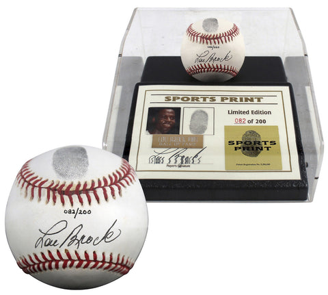 Cardinals Lou Brock Signed Thumbprint Baseball LE #'d/200 w/ Display Case BAS