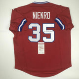 Autographed/Signed PHIL NIEKRO Atlanta Red Baseball Jersey JSA COA Auto