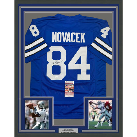 Framed Autographed/Signed Jay Novacek 35x39 Dallas Blue Football Jersey JSA COA