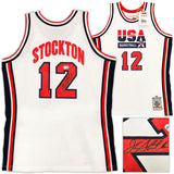 1992 USA DREAM TEAM JOHN STOCKTON AUTOGRAPHED WHITE M&N JERSEY 44 BECKETT 224357