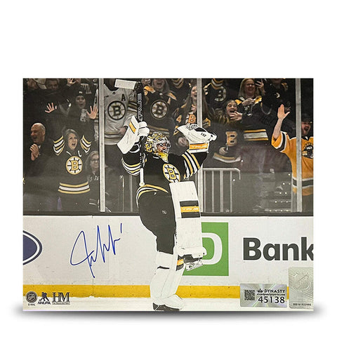 Jeremy Swayman Celebration Boston Bruins Autographed 11x14 Hockey Photo JSA PSA