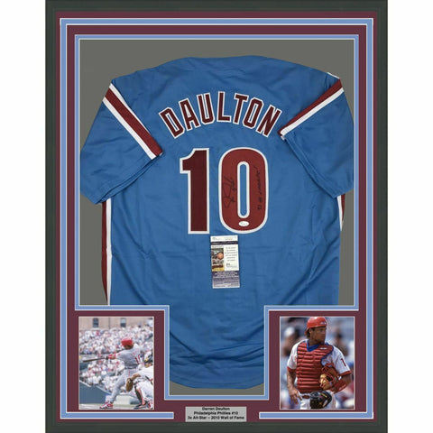 FRAMED Autographed/Signed DARREN DAULTON 33x42 Philadelphia Blue Jersey JSA COA