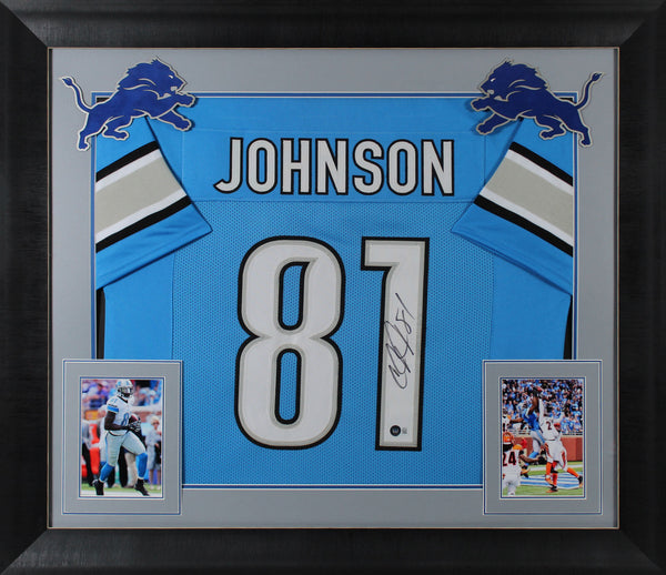 Calvin Johnson Authentic Signed Blue Pro Style Framed Jersey BAS Witnessed