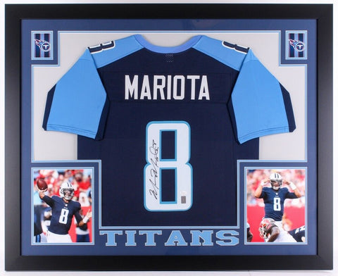 Marcus Mariota Signed Tennessee Titans 35x43 Custom Framed Blue Jersey (JSA COA)