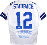 Roger Staubach Autographed White Pro Style STAT Jersey- Beckett W Holo *Silver