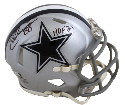 Cowboys Drew Pearson "HOF 21" Signed Silver Speed Mini Helmet BAS Witnessed