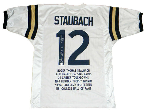 ROGER STAUBACH SIGNED NAVY MIDSHIPMEN #12 WHITE STAT JERSEY JSA W/ HEISMAN 63