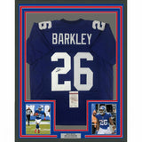 FRAMED Autographed/Signed SAQUON BARKLEY 33x42 New York Blue Jersey JSA COA Auto