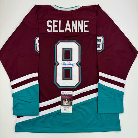 Autographed/Signed Teemu Selanne Anaheim Maroon Retro Hockey Jersey JSA COA