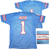 HOUSTON OILERS WARREN MOON AUTOGRAPHED BLUE JERSEY "HOF 06" BECKETT QR 230187