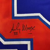 Framed Autographed/Signed Andy Moog 35x39 Edmonton Blue Hockey Jersey JSA COA