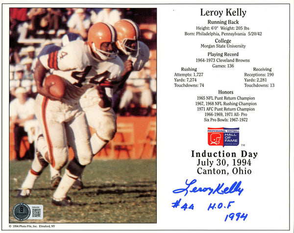 Leroy Kelly Autographed Cleveland Browns 8x10 Photo HOF Beckett 45542