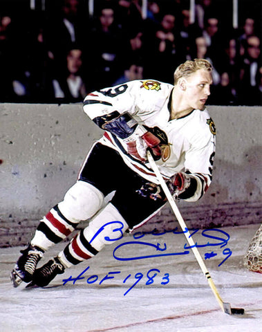 BOBBY HULL Signed Blackhawks Color Action With Puck 8x10 Photo w/HOF 1983 - SS