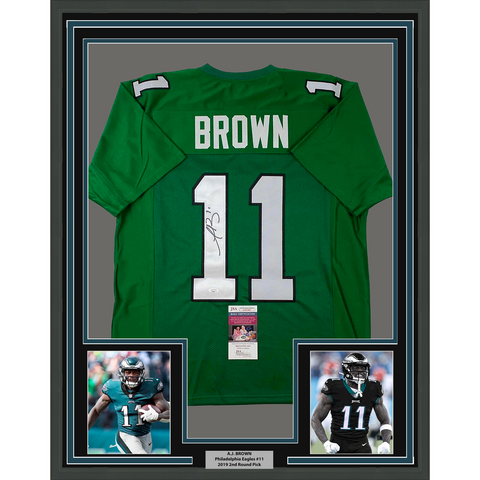 Framed Autographed/Signed AJ A.J. Brown 33x42 Kelly Green Jersey JSA COA