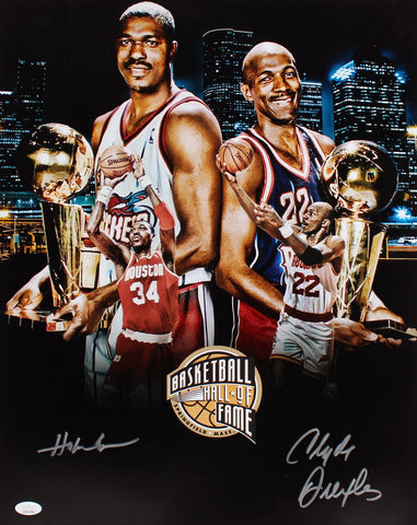 Rockets Hakeem Olajuwon & Clyde Drexler Signed 16x20 Collage Photo JSA Witnessed