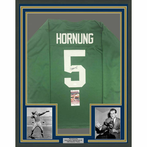 FRAMED Autographed/Signed PAUL HORNUNG 33x42 Notre Dame Green Jersey JSA COA