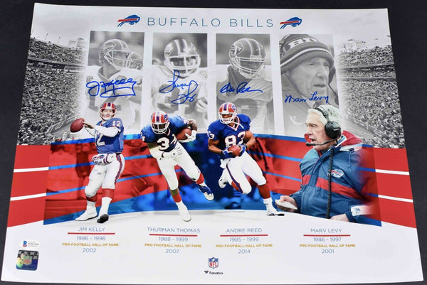 JIM KELLY THURMAN THOMAS ANDRE REED MARV LEVY SIGNED BUFFALO BILLS 16x20 PHOTO