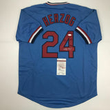 Autographed/Signed WHITEY HERZOG St. Louis Blue Baseball Jersey JSA COA Auto