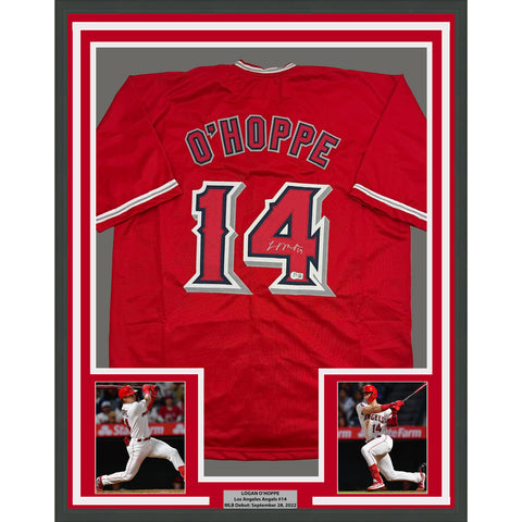 Framed Autographed/Signed Logan O'Hoppe 35x39 Los Angeles Red Jersey BAS COA